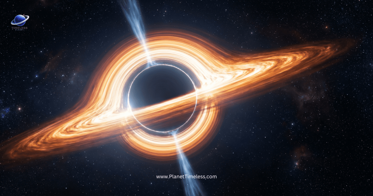 A photorealistic illustration of a black hole surrounded by a glowing orange accretion disk of superheated gas, with gravitational lensing creating a luminous ring of light around it.