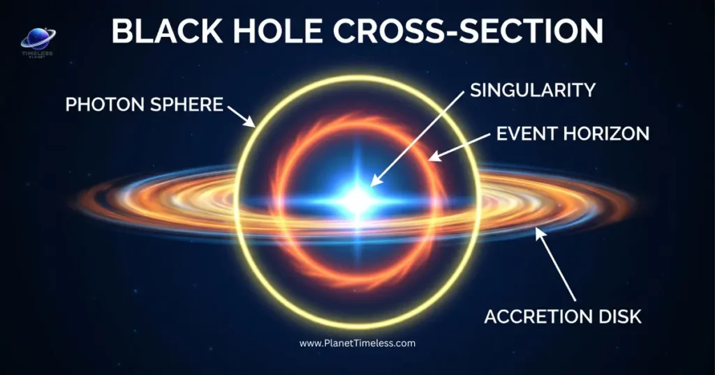 A scientific diagram labelling the key parts of a black hole: the outer singularity at the centre, the event horizon boundary, the photon sphere, and the surrounding accretion disk.