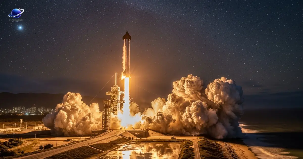 SpaceX Starship rocket launching at night from Starbase Texas with massive exhaust flames