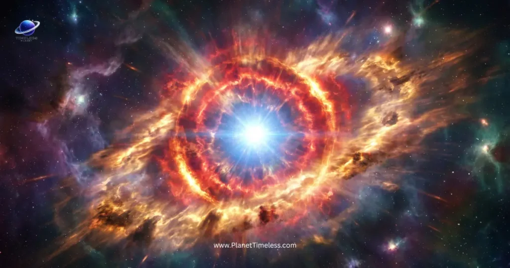 An artistic rendering of a massive star exploding in a supernova, with its outer layers blasting outward while the core collapses inward to form a black hole.