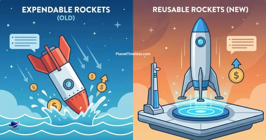 Comparison between traditional expendable rockets and SpaceX reusable rocket technology