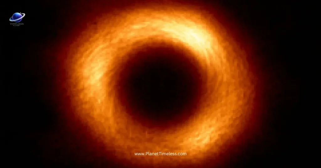 A radio telescope composite image showing the shadow of a supermassive black hole surrounded by a glowing ring of hot plasma — similar to the Event Horizon Telescope's historic images.