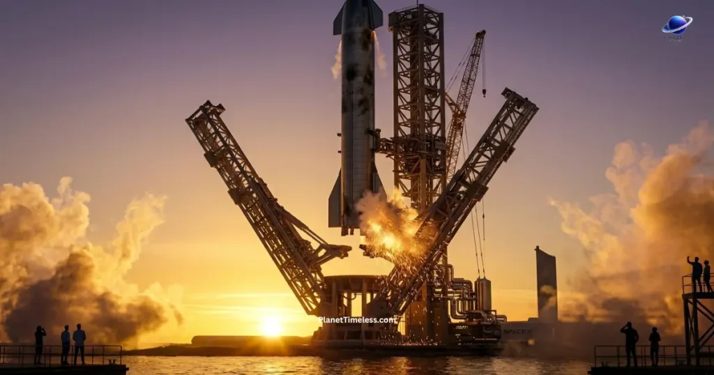 Mechazilla chopstick arms catching the SpaceX Super Heavy booster at the launch tower