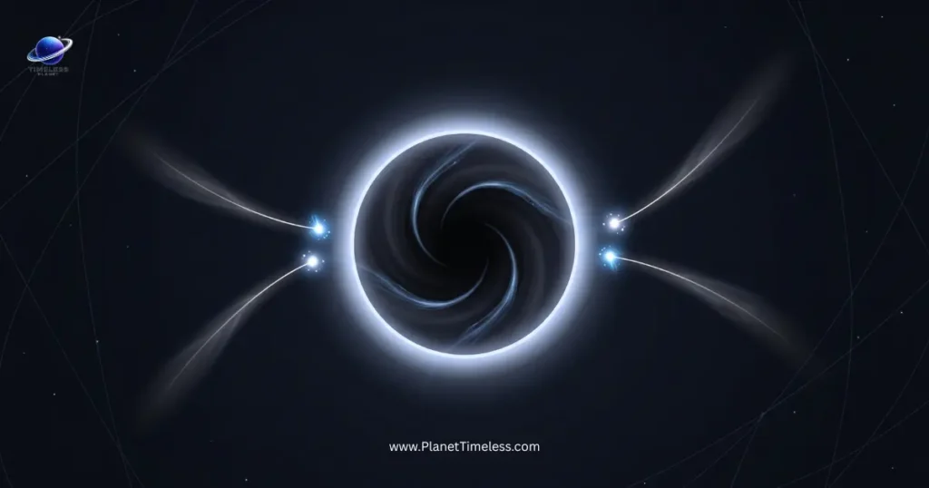 A conceptual diagram illustrating Hawking radiation, showing virtual particle pairs forming near a black hole's event horizon, with one particle escaping as radiation while the other falls in.