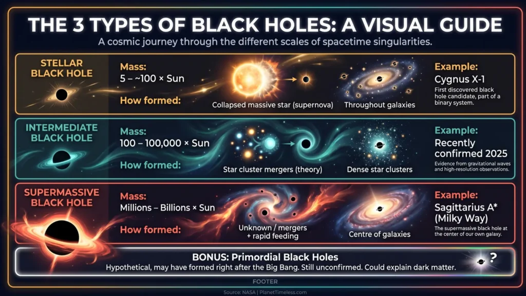 An infographic comparing the three confirmed types of black holes — stellar, intermediate, and supermassive — showing their relative sizes, masses, and how each forms.