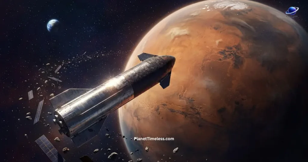 SpaceX Starship spacecraft approaching Mars on a crewed interplanetary mission