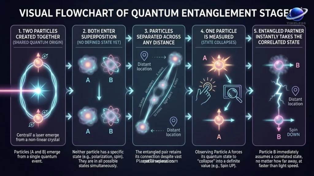 tep-by-step infographic explaining how quantum entanglement works — from particle creation to instantaneous correlation