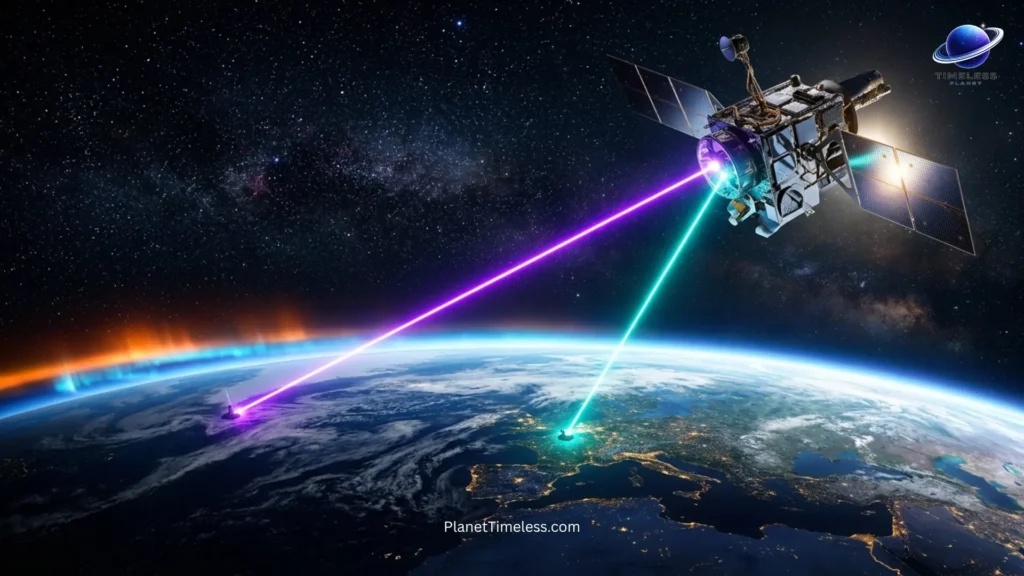 Quantum internet satellite beaming entangled particles to Earth — future of quantum communication
