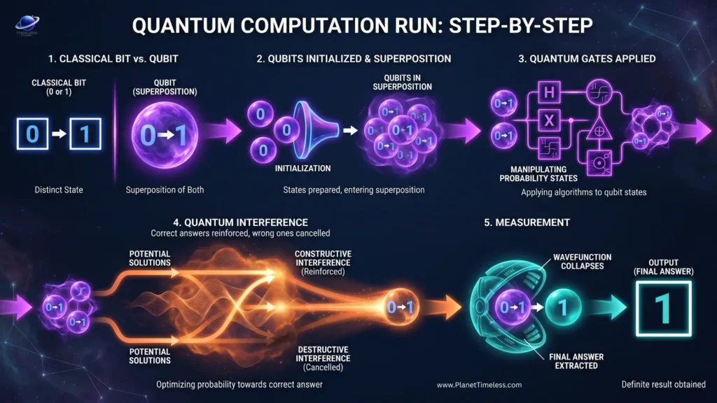 Infographic showing how quantum computation works step by step from qubits to final measurement
