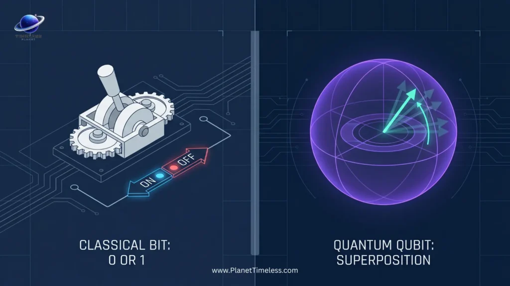 Comparison of classical bit on/off switch versus quantum qubit Bloch sphere showing superposition