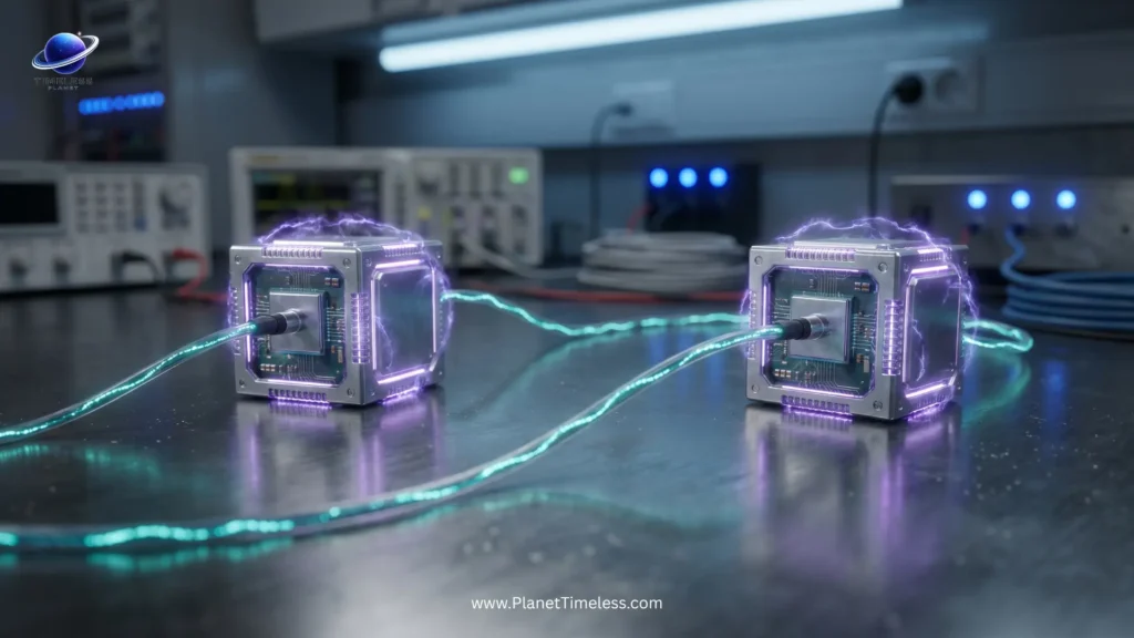 Two entangled quantum particles connected by glowing light thread illustrating quantum entanglement in computing
