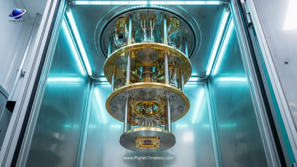 Cryogenic dilution refrigerator used to cool superconducting quantum computer qubits near absolute zero