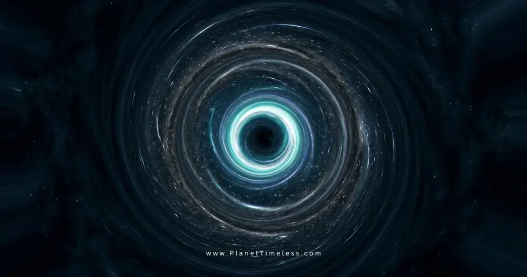 View from inside a black hole looking out through the event horizon at compressed
distorted starlight