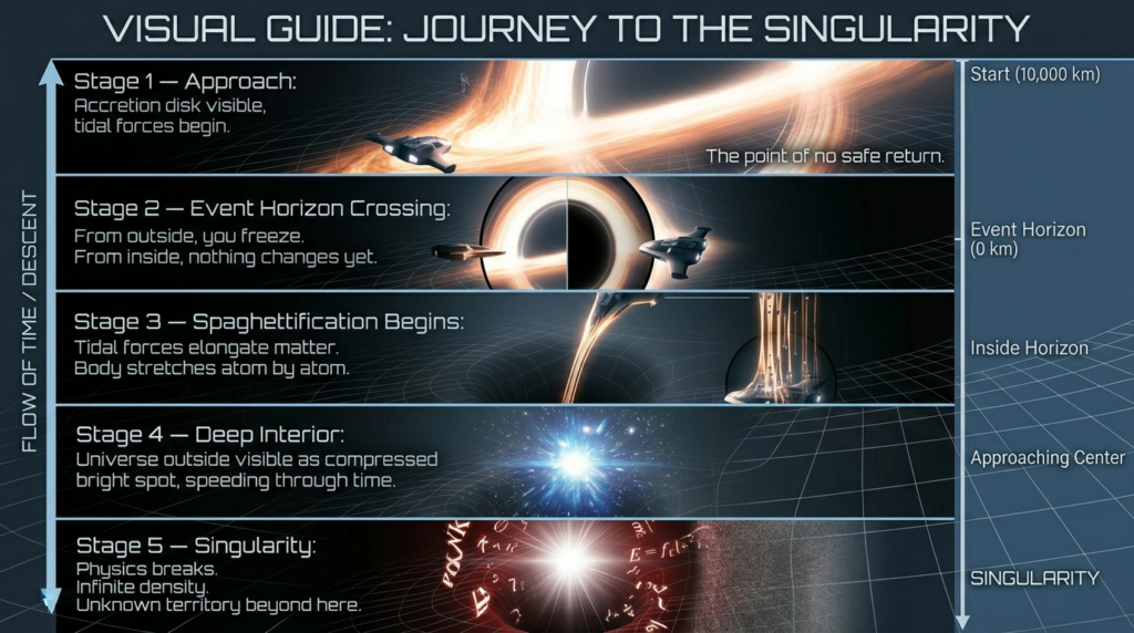Infographic showing 5 stages of falling into a black hole from approach to singularity