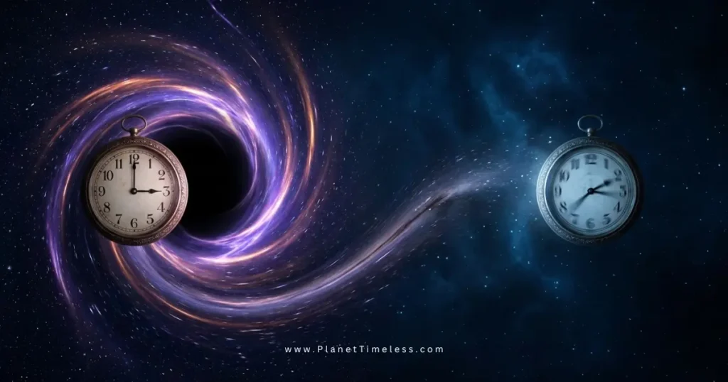Illustration of gravitational time dilation showing two clocks running at different speeds
near a black hole