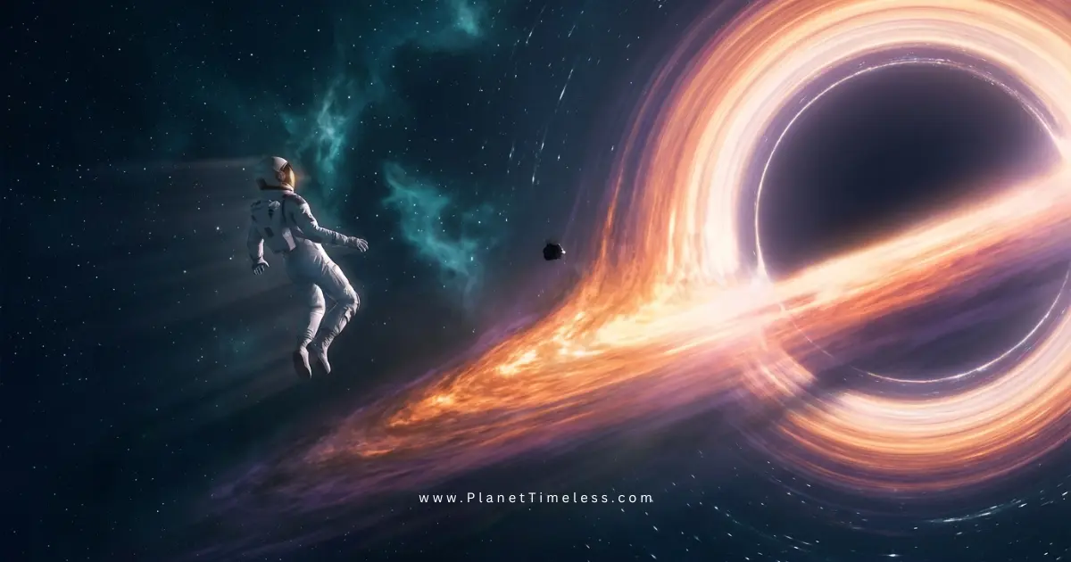 Astronaut falling toward a black hole with glowing accretion disk and gravitational lensing in deep space — what happens when you fall into a black hole
